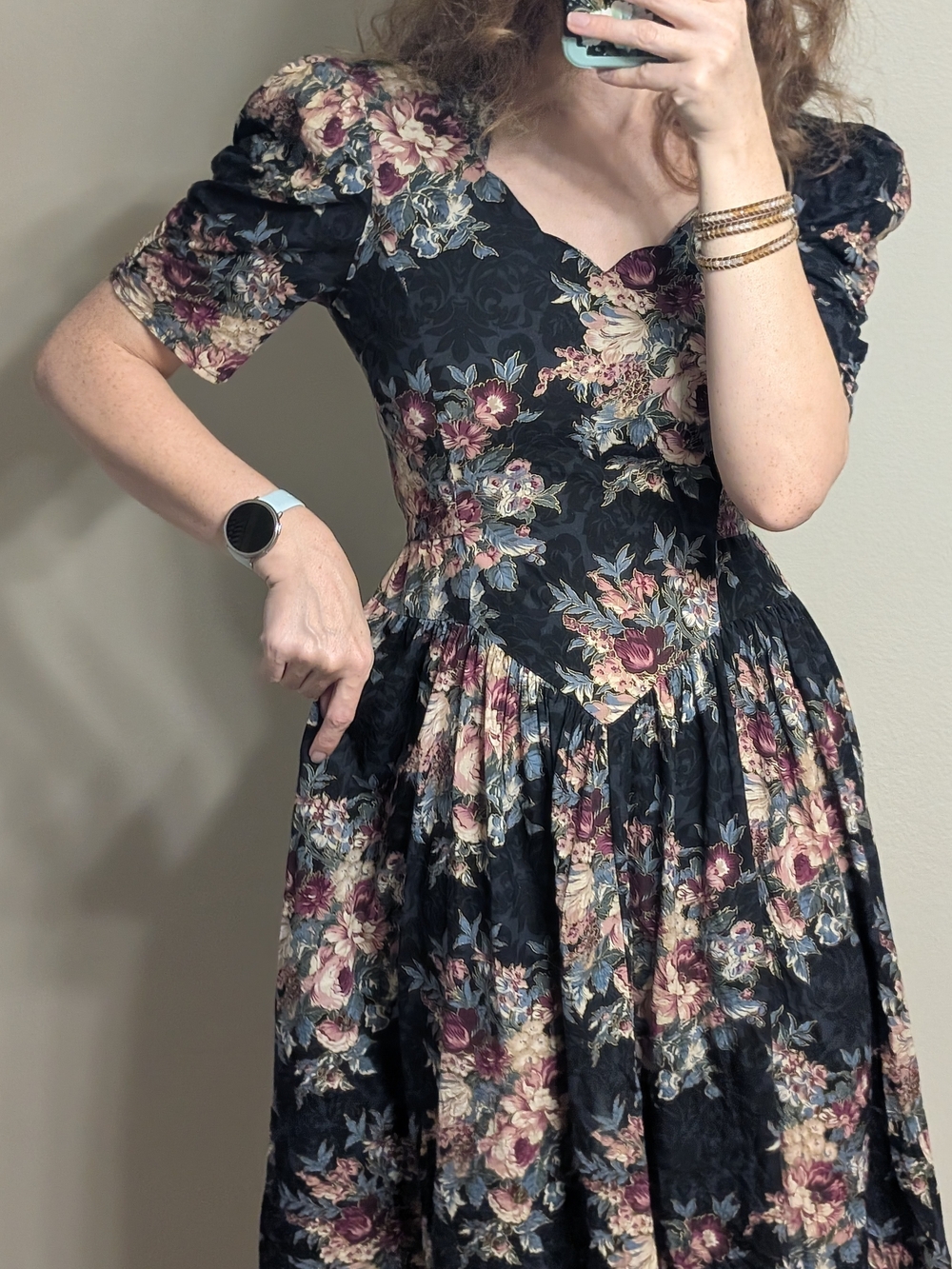 Vintage 80s Brandywine Creek Floral Puff Sleeve Midi Knee Length Dress